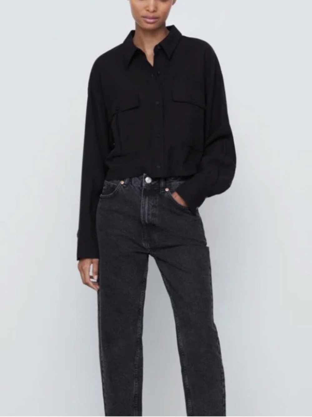 ZARA Black Cropped Flowy Shirt